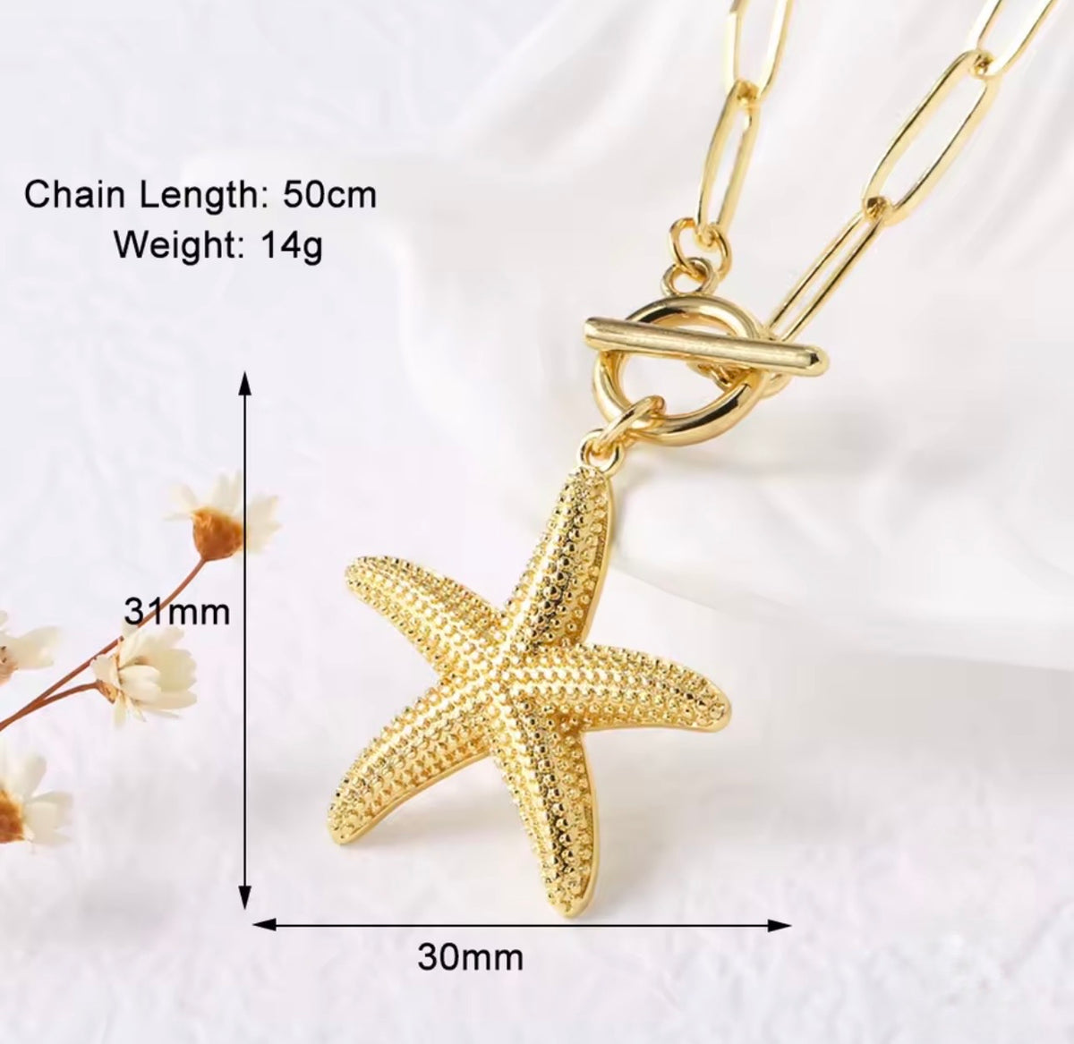 Gold Starfish Pendant Necklace Paperclip Chain Beach Statement Necklace for Women