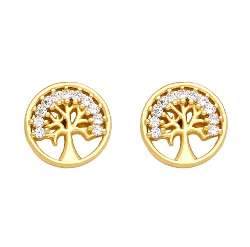 18K Gold Plated Tree of Life & Cross Stud Earrings CZ Crystal Earrings for Women
