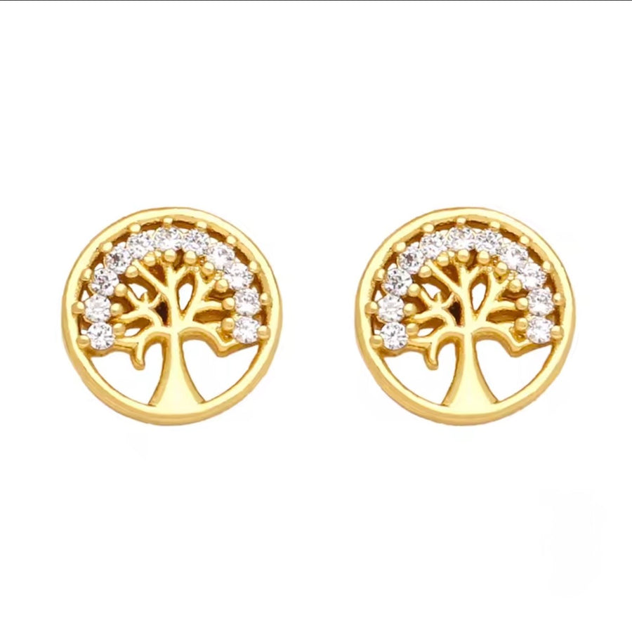18K Gold Plated Tree of Life & Cross Stud Earrings CZ Crystal Earrings for Women