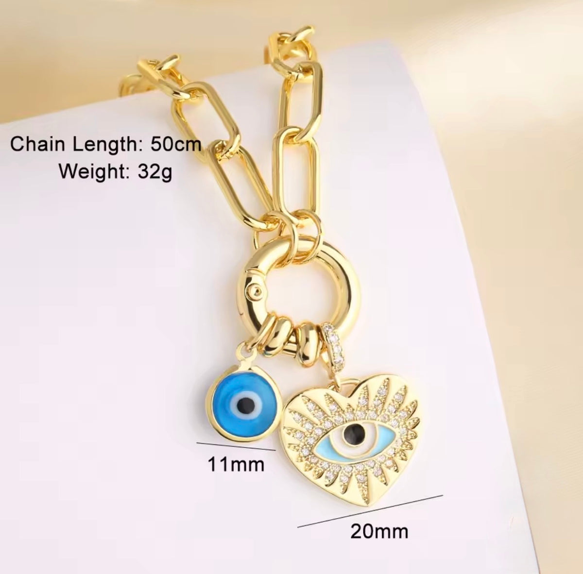 Gold Evil Eye Heart Charm Necklace Blue Evil Eye Pendant Paperclip Chain Necklace for Women
