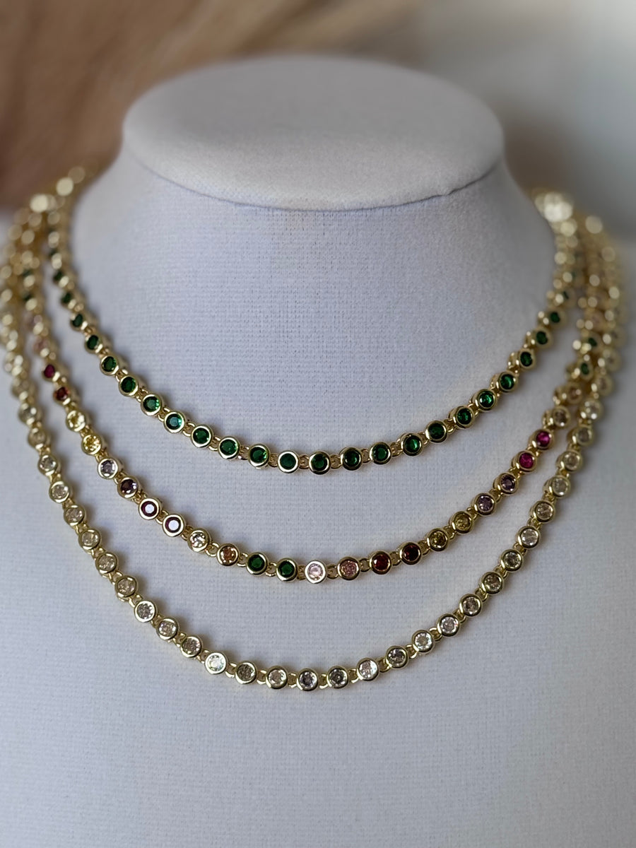 18K Gold Plated Colorful Tennis Necklace | Clear, Green & Multicolor CZ