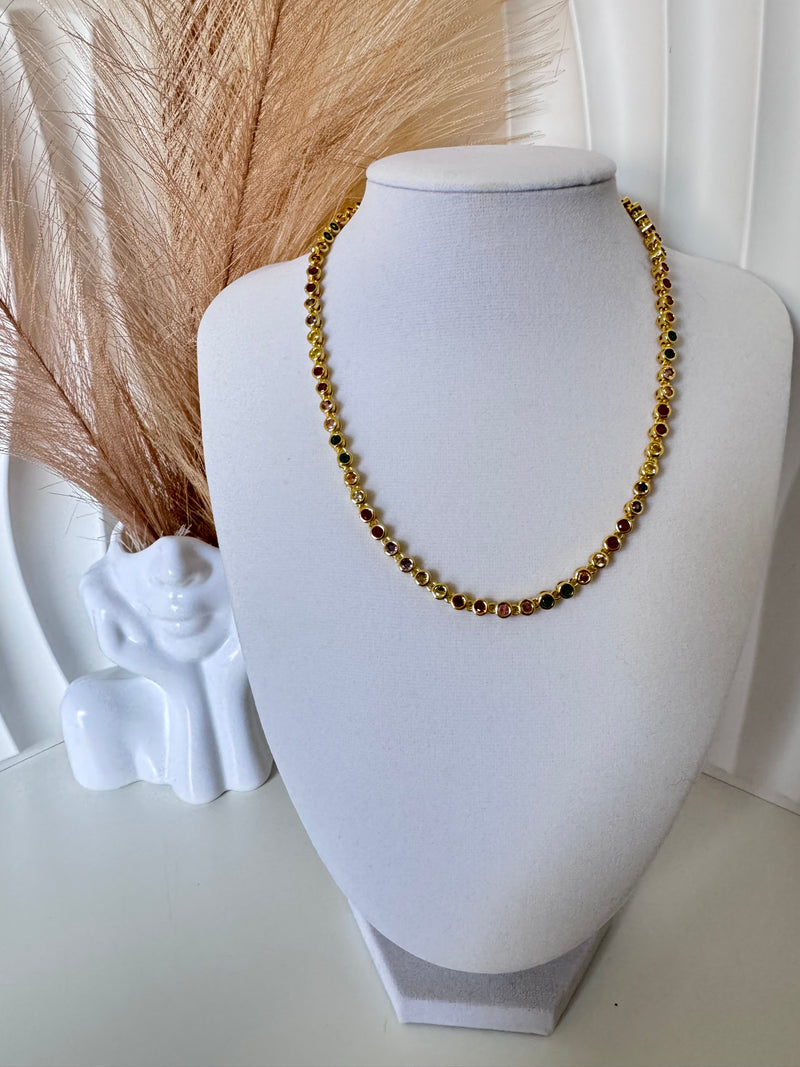 18K Gold Plated Colorful Tennis Necklace | Clear, Green & Multicolor CZ