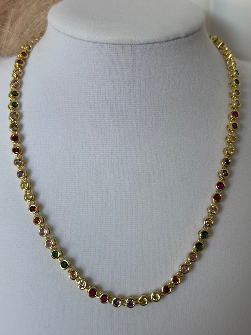 18K Gold Plated Colorful Tennis Necklace | Clear, Green & Multicolor CZ