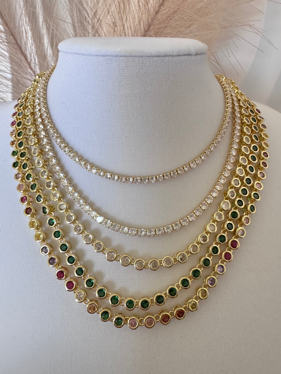 18K Gold Plated Colorful Tennis Necklace | Clear, Green & Multicolor CZ