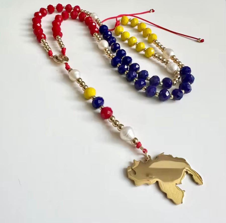 Daylux Raíces Collection – 14K Gold Plated Miraculous Medal Rosary Necklace with Venezuela Map Pendant