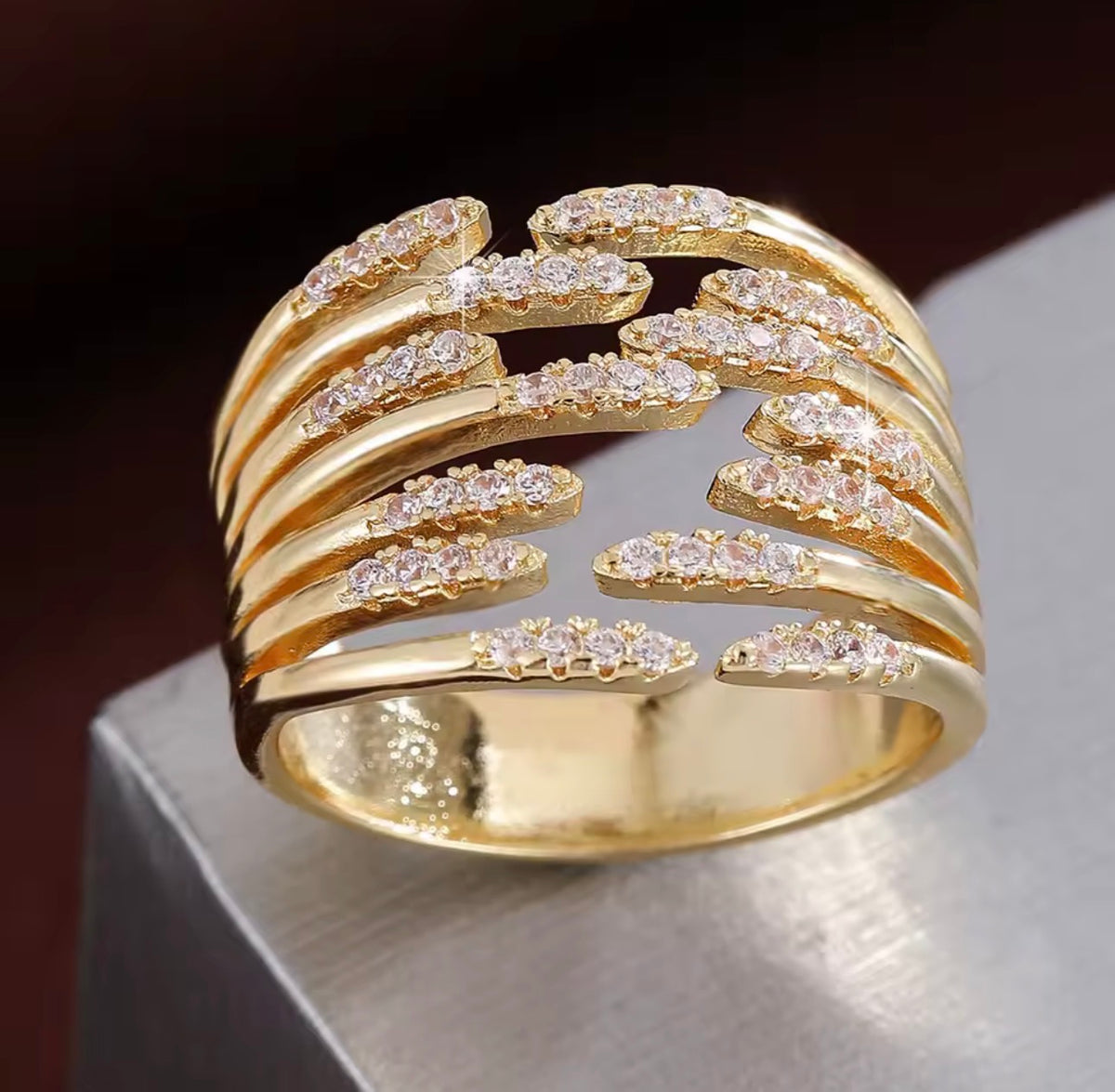 Multi-Row Crystal Ring – 18KT Gold Plated / Silver Tone