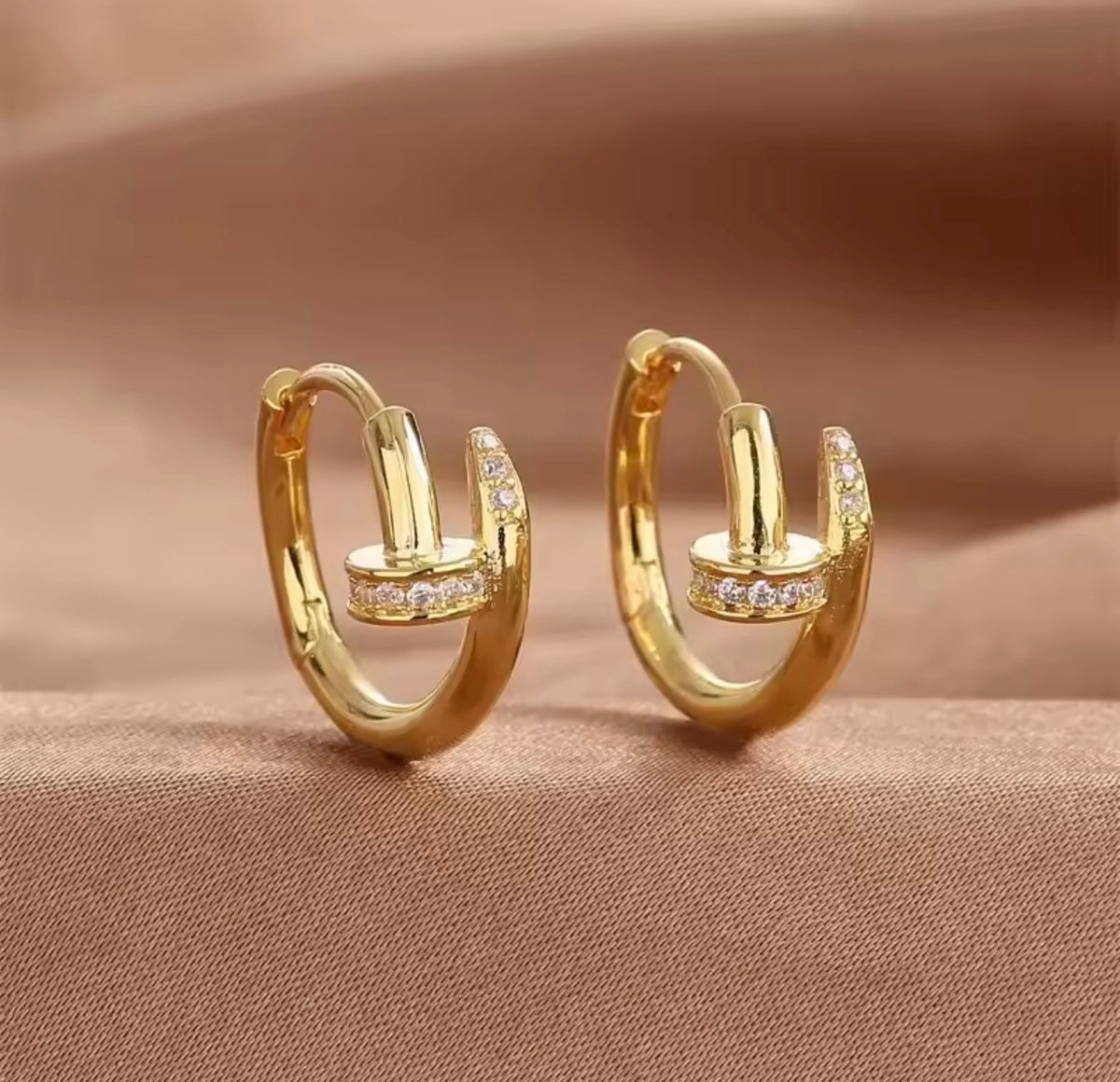 Stainless Steel Nail Design Hoop Earrings with Stones – Gold & Silver