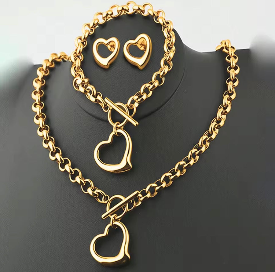 Stainless Steel Open Heart Jewelry Set – Necklace, Bracelet & Earrings