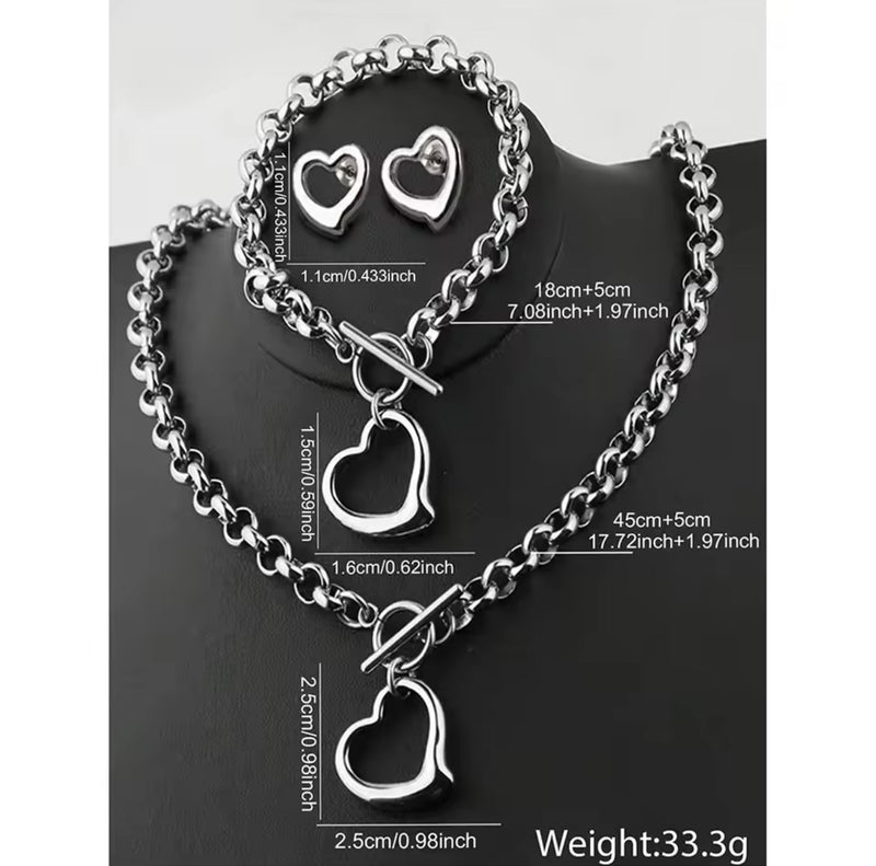 Stainless Steel Open Heart Jewelry Set – Necklace, Bracelet & Earrings