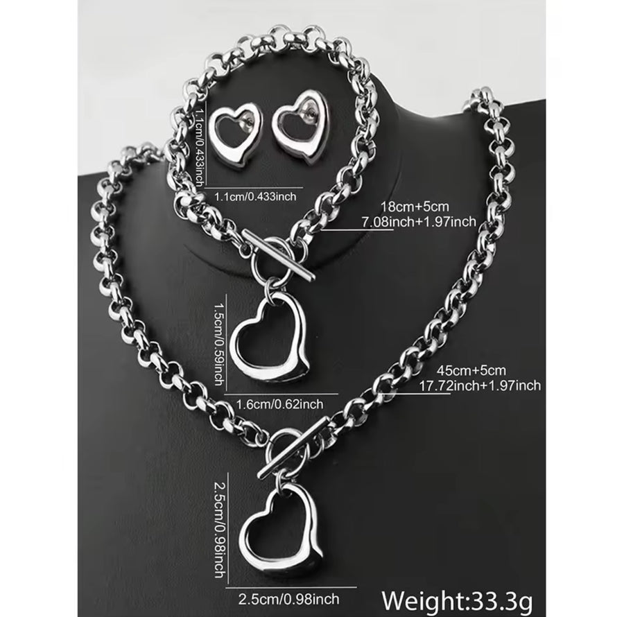 Stainless Steel Open Heart Jewelry Set – Necklace, Bracelet & Earrings
