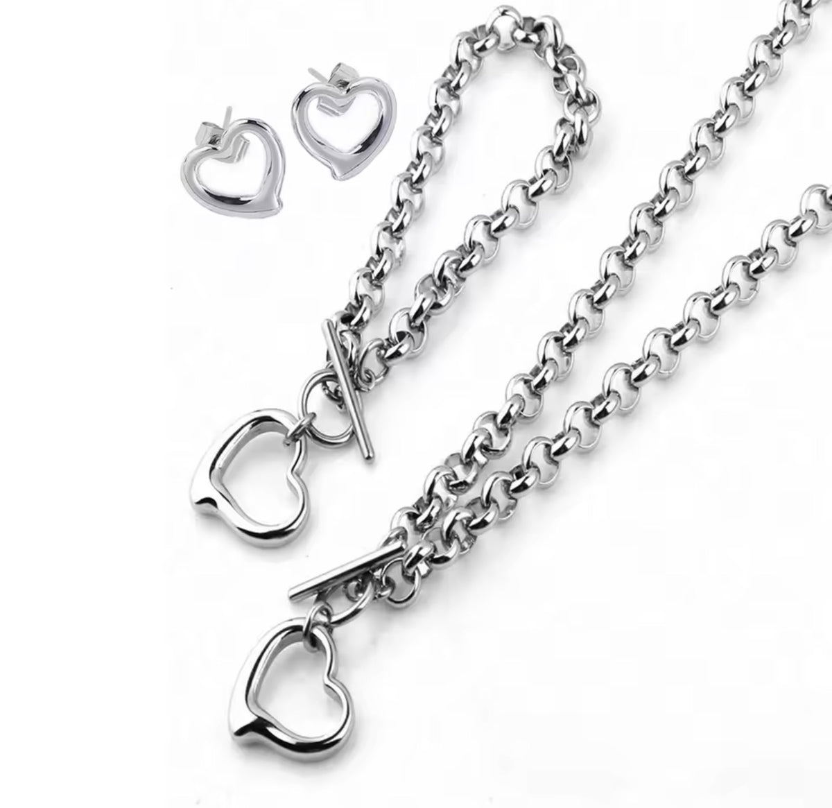 Stainless Steel Open Heart Jewelry Set – Necklace, Bracelet & Earrings