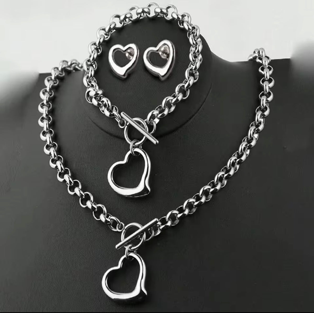 Stainless Steel Open Heart Jewelry Set – Necklace, Bracelet & Earrings