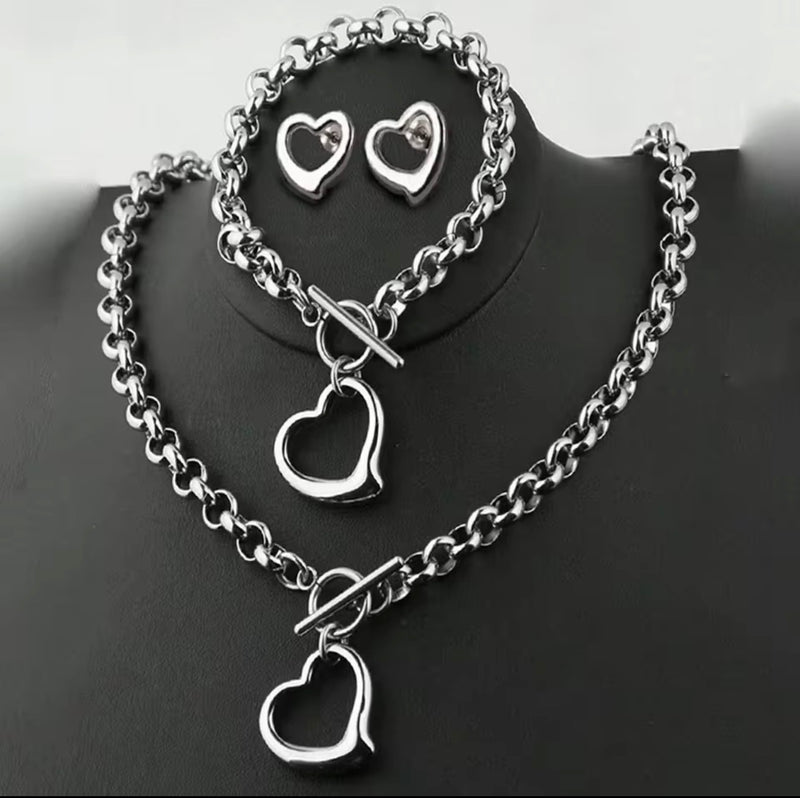 Stainless Steel Open Heart Jewelry Set – Necklace, Bracelet & Earrings