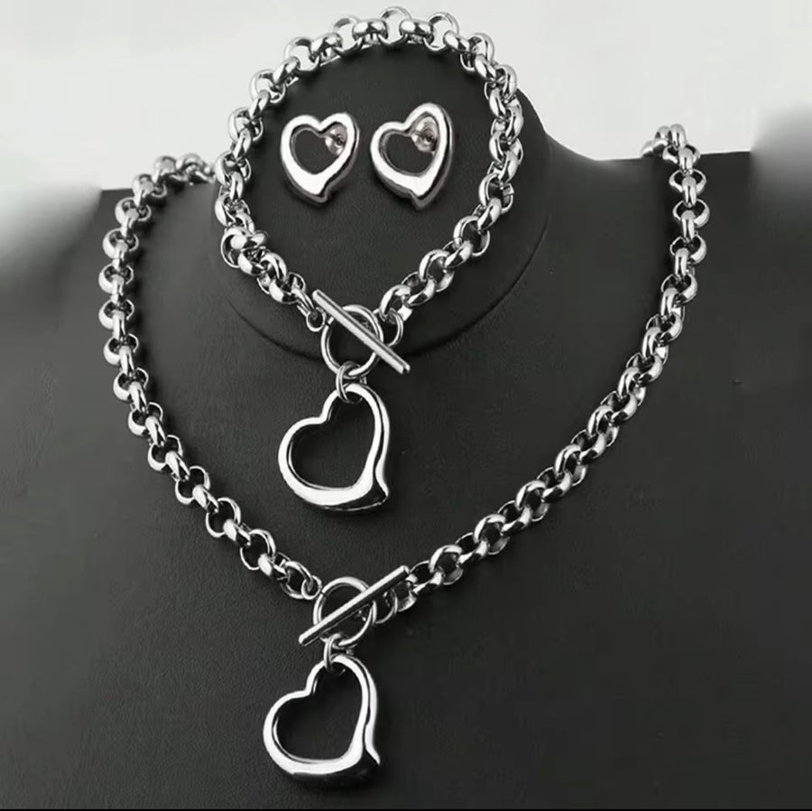 Stainless Steel Open Heart Jewelry Set – Necklace, Bracelet & Earrings