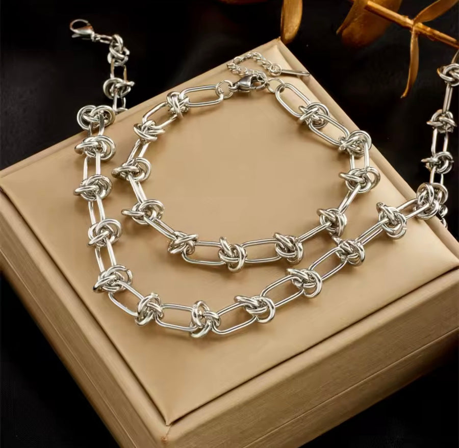 Stainless Steel Knot Link Necklace & Bracelet Set – Gold & Silver