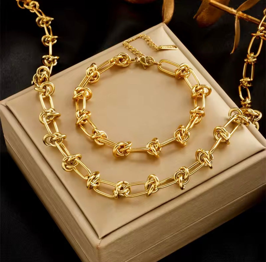 Stainless Steel Knot Link Necklace & Bracelet Set – Gold & Silver