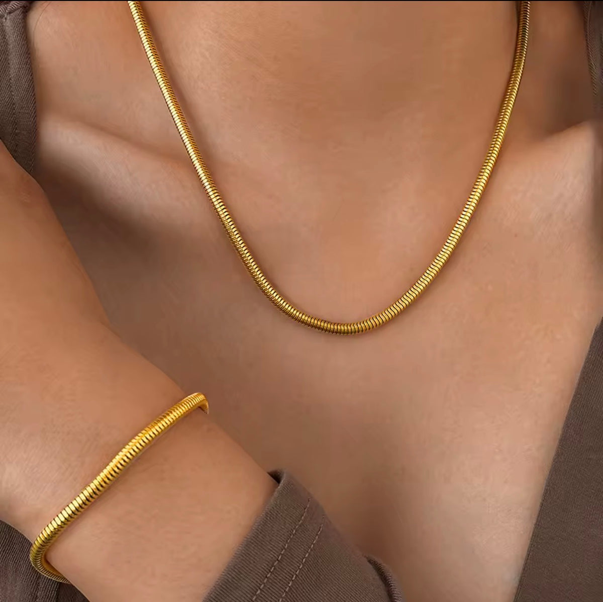 Stainless Steel Snake Chain Necklace & Bracelet Set – Gold & Silver