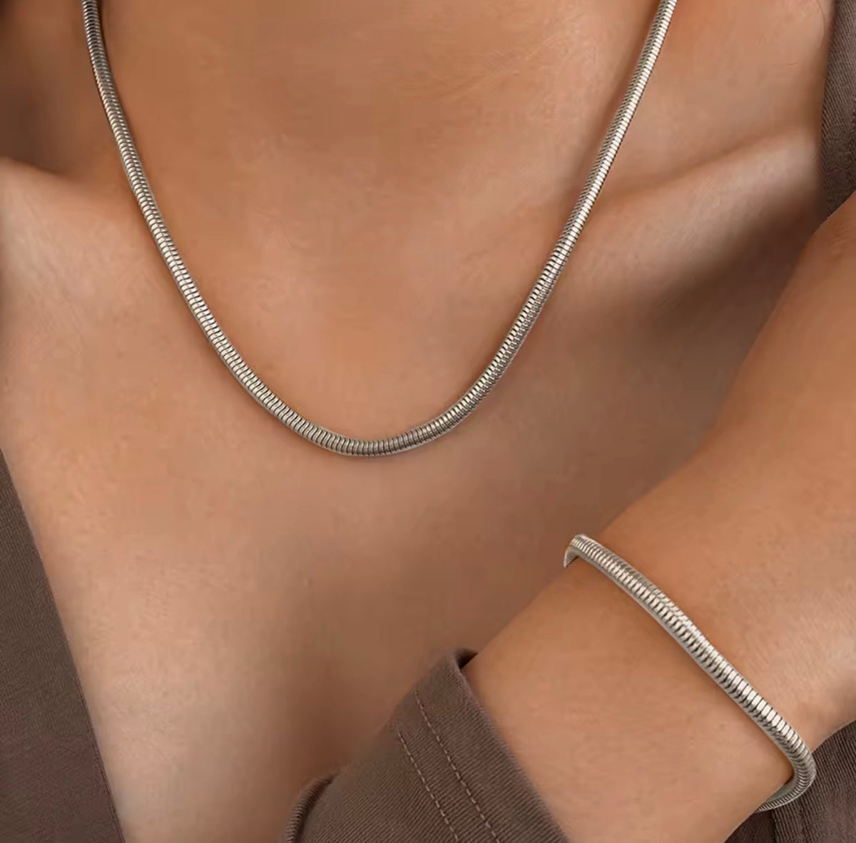 Stainless Steel Snake Chain Necklace & Bracelet Set – Gold & Silver