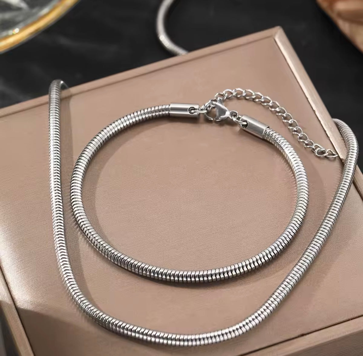 Stainless Steel Snake Chain Necklace & Bracelet Set – Gold & Silver