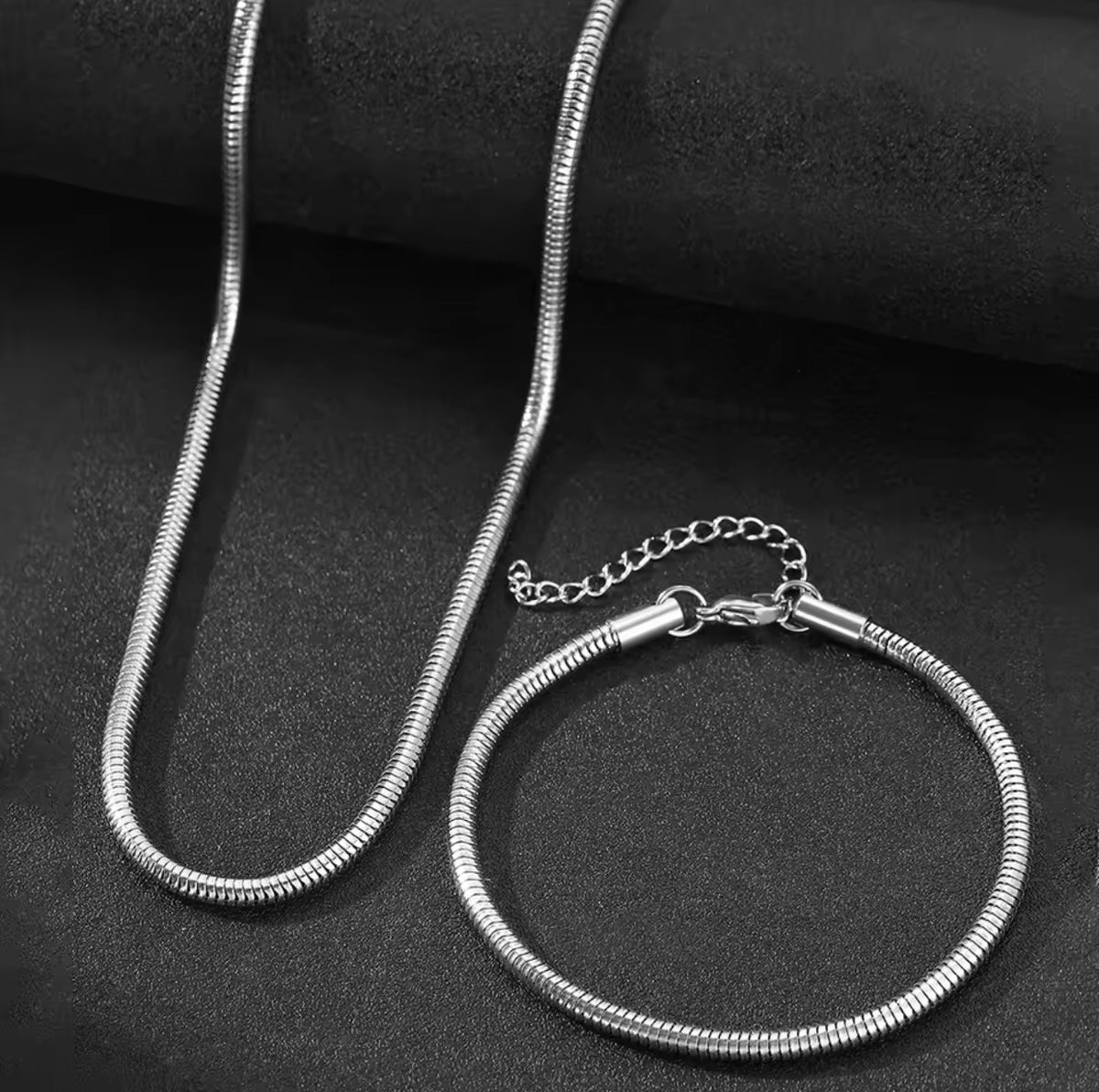 Stainless Steel Snake Chain Necklace & Bracelet Set – Gold & Silver