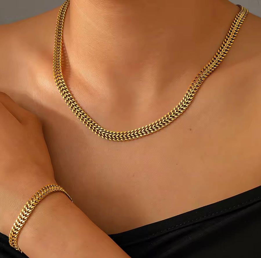 Bold Woven Wheat Chain Necklace & Bracelet Set  Stainless Steel