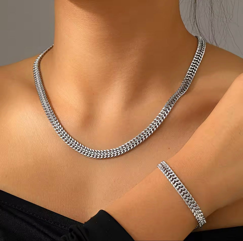 Bold Woven Wheat Chain Necklace & Bracelet Set  Stainless Steel