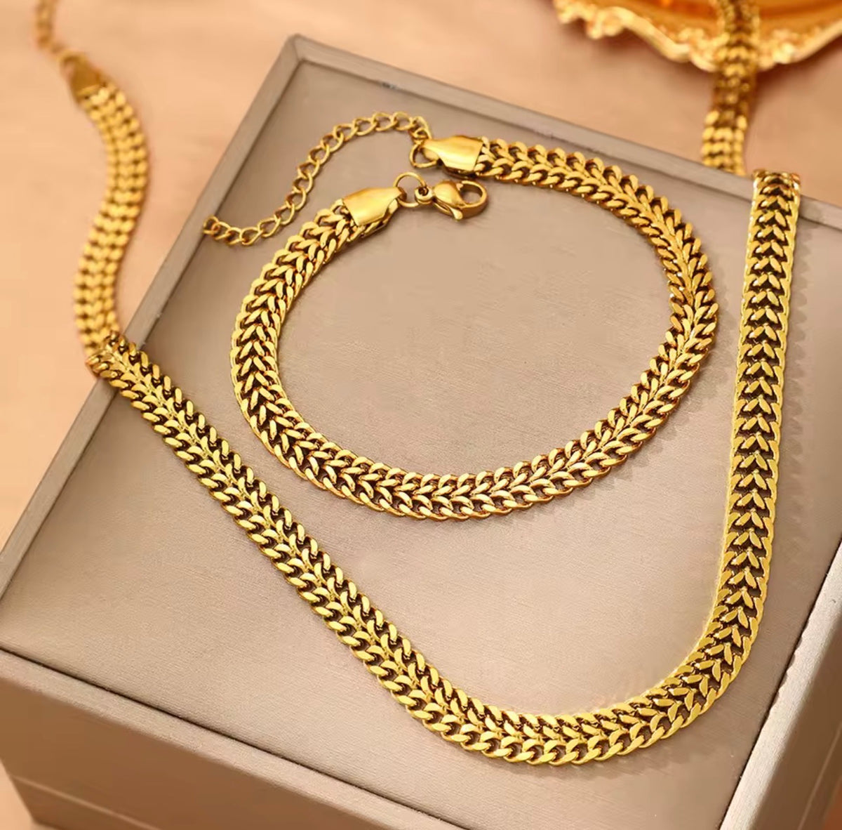 Bold Woven Wheat Chain Necklace & Bracelet Set  Stainless Steel