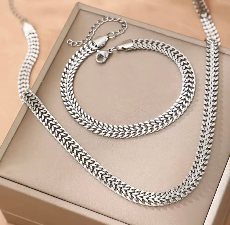 Bold Woven Wheat Chain Necklace & Bracelet Set  Stainless Steel