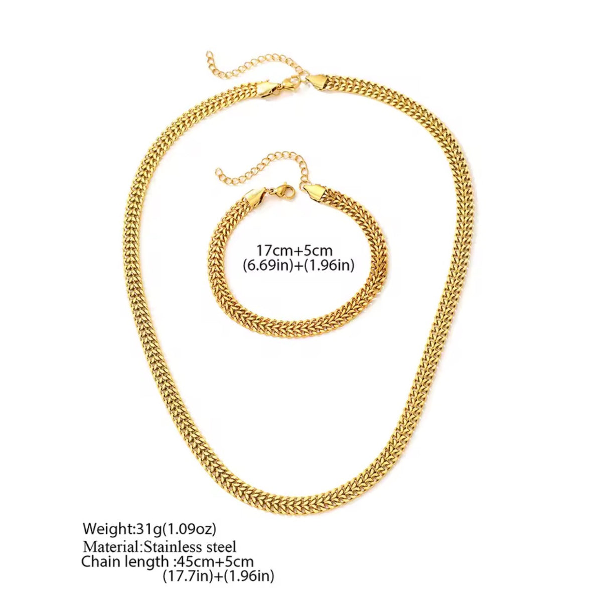 Bold Woven Wheat Chain Necklace & Bracelet Set  Stainless Steel