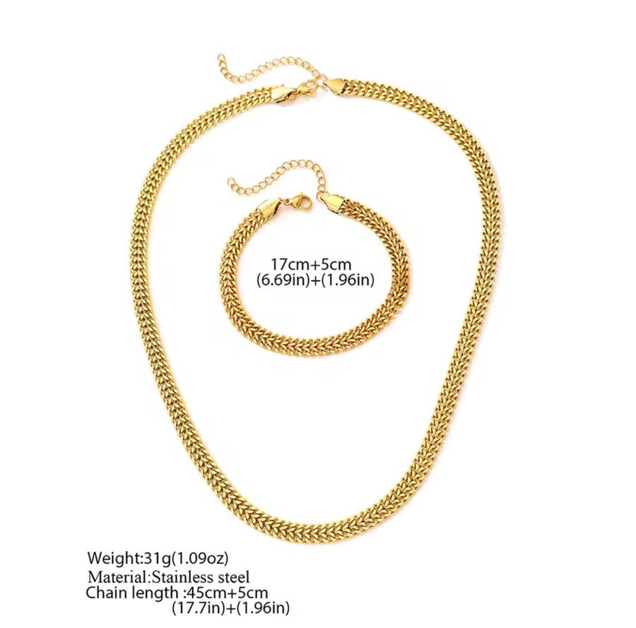 Bold Woven Wheat Chain Necklace & Bracelet Set  Stainless Steel