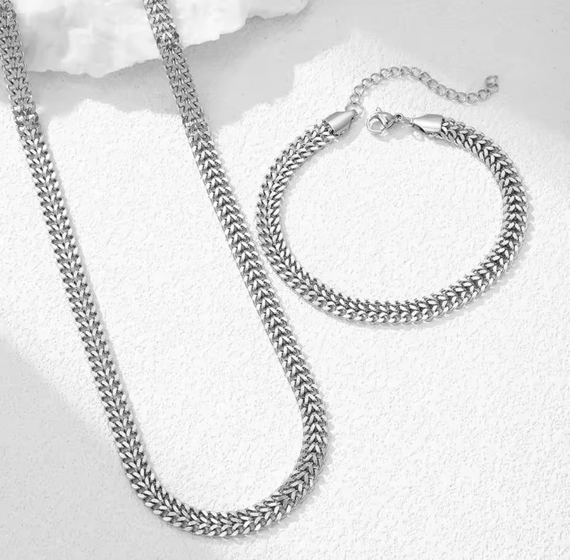 Bold Woven Wheat Chain Necklace & Bracelet Set  Stainless Steel