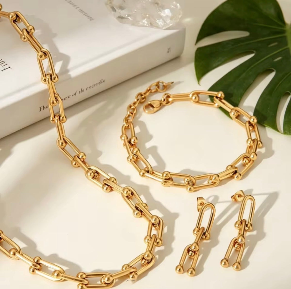 Stainless Steel U-Link Jewelry Set – Necklace, Bracelet & Earrings