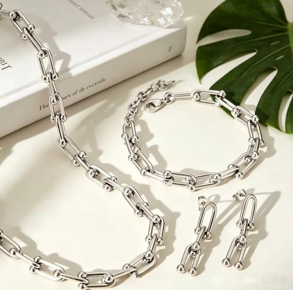 Stainless Steel U-Link Jewelry Set – Necklace, Bracelet & Earrings