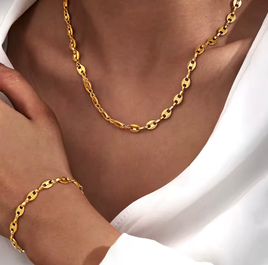 Stainless Steel Coffee Bean Link Necklace & Bracelet Set – Gold & Silver