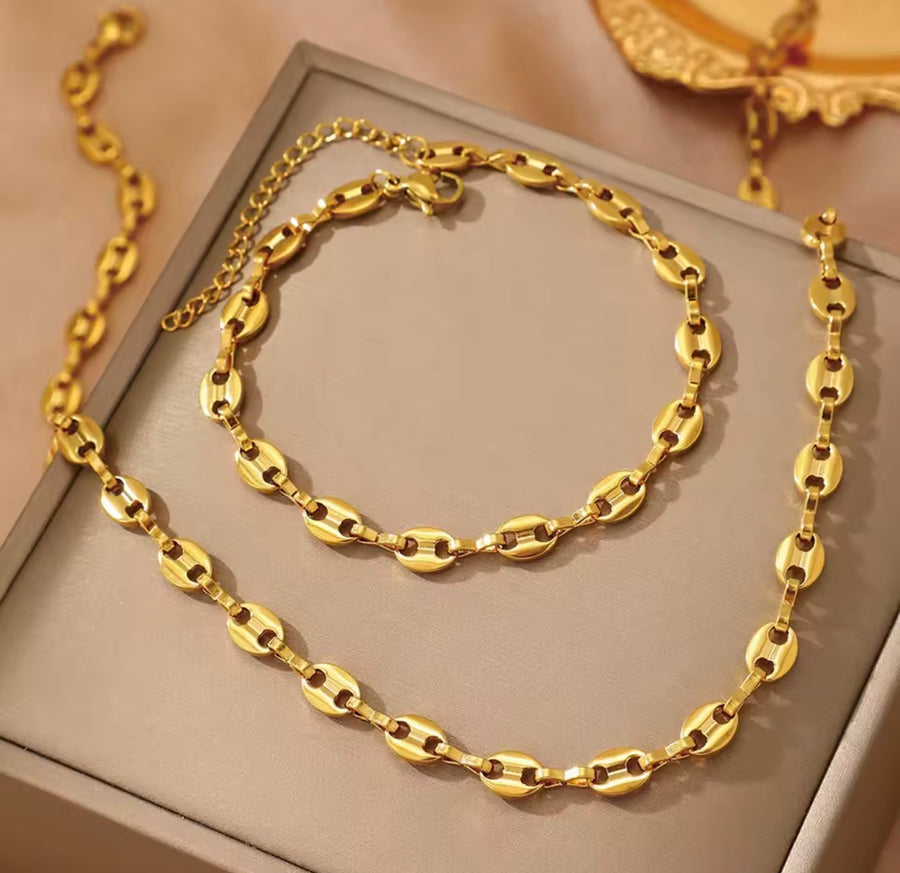 Stainless Steel Coffee Bean Link Necklace & Bracelet Set – Gold & Silver