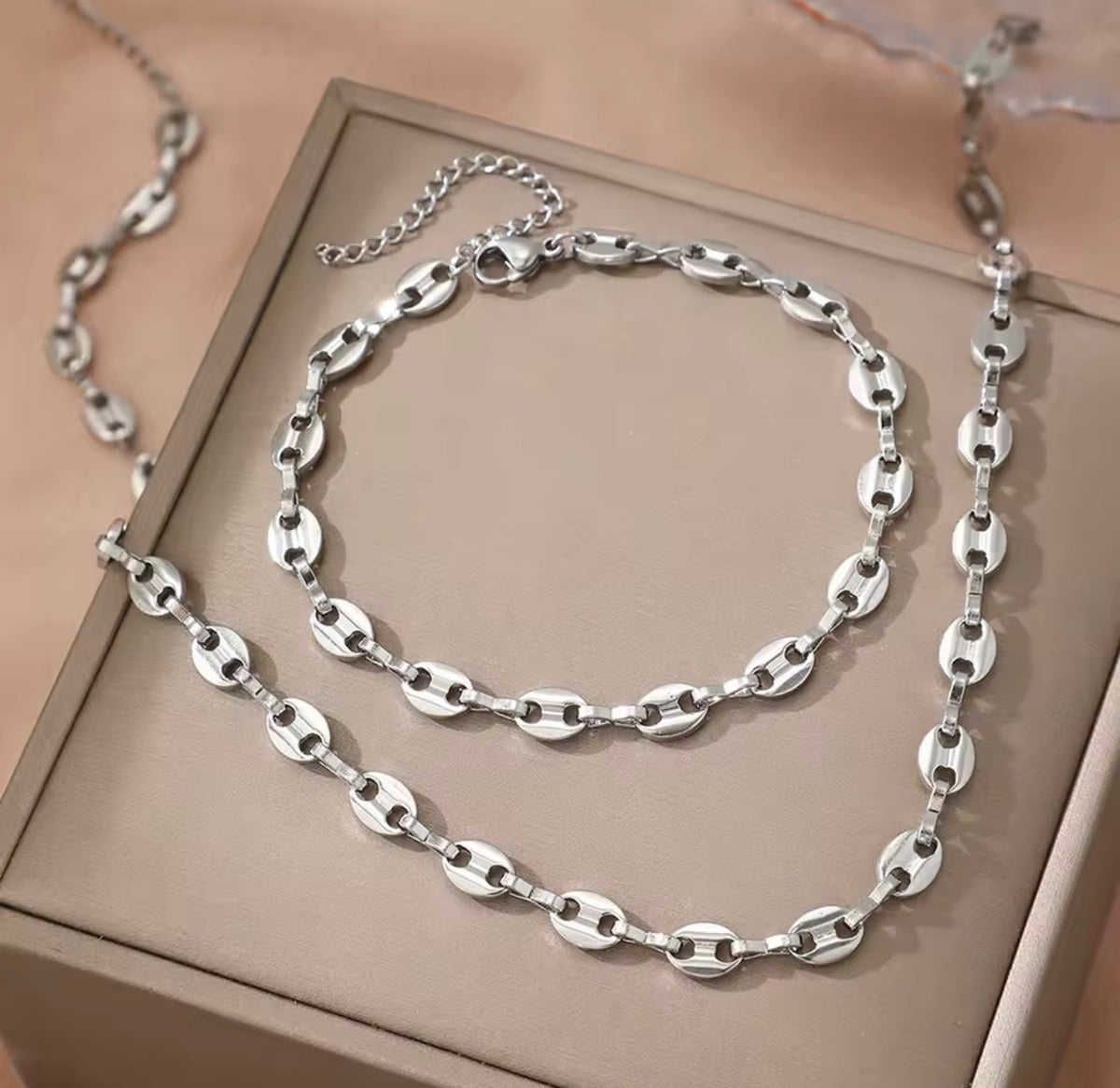 Stainless Steel Coffee Bean Link Necklace & Bracelet Set – Gold & Silver