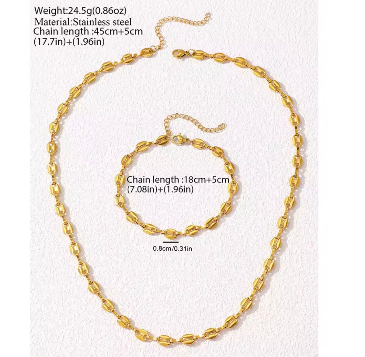 Stainless Steel Coffee Bean Link Necklace & Bracelet Set – Gold & Silver