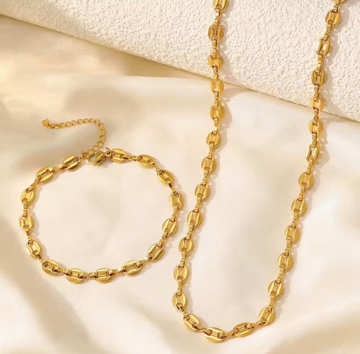 Stainless Steel Coffee Bean Link Necklace & Bracelet Set – Gold & Silver