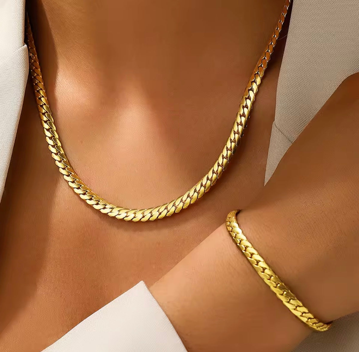 Stainless Steel Flat Cuban Link Necklace & Bracelet Set – Gold & Silver