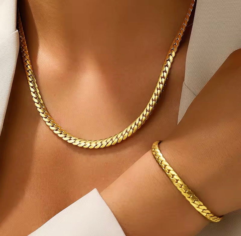Stainless Steel Flat Cuban Link Necklace & Bracelet Set – Gold & Silver