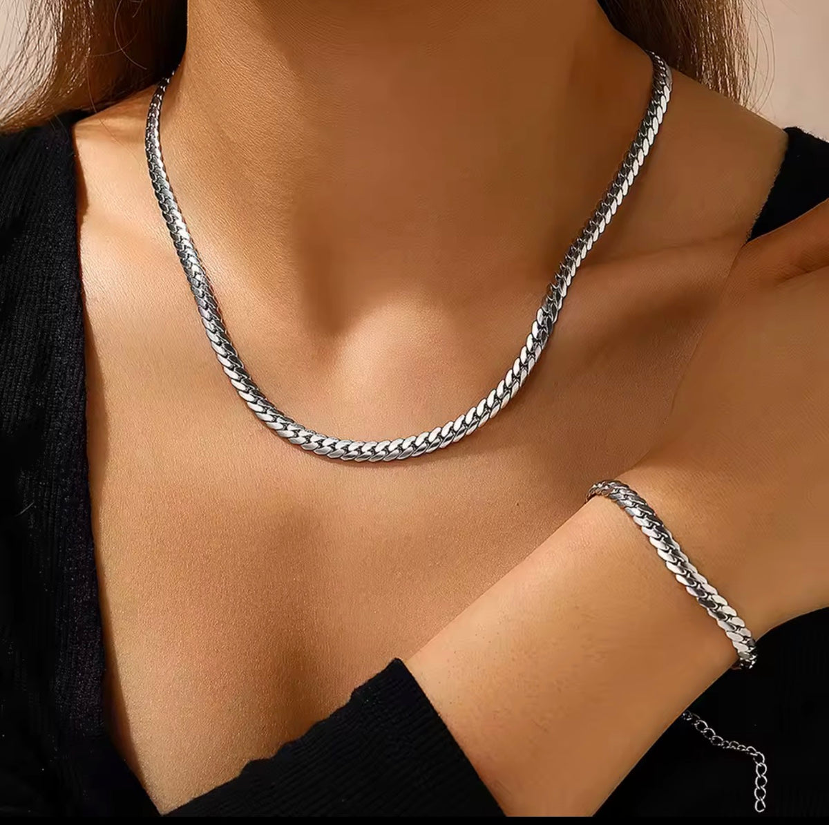 Stainless Steel Flat Cuban Link Necklace & Bracelet Set – Gold & Silver