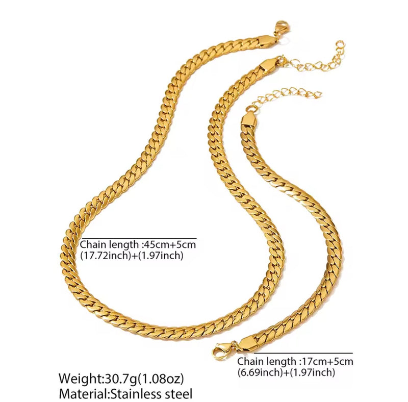 Stainless Steel Flat Cuban Link Necklace & Bracelet Set – Gold & Silver