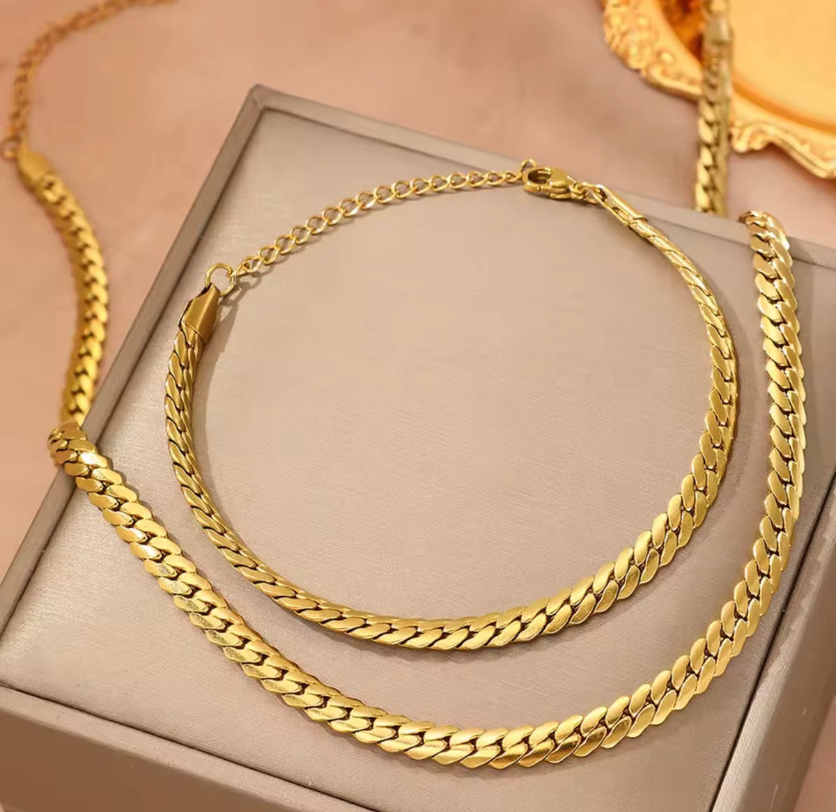 Stainless Steel Flat Cuban Link Necklace & Bracelet Set – Gold & Silver