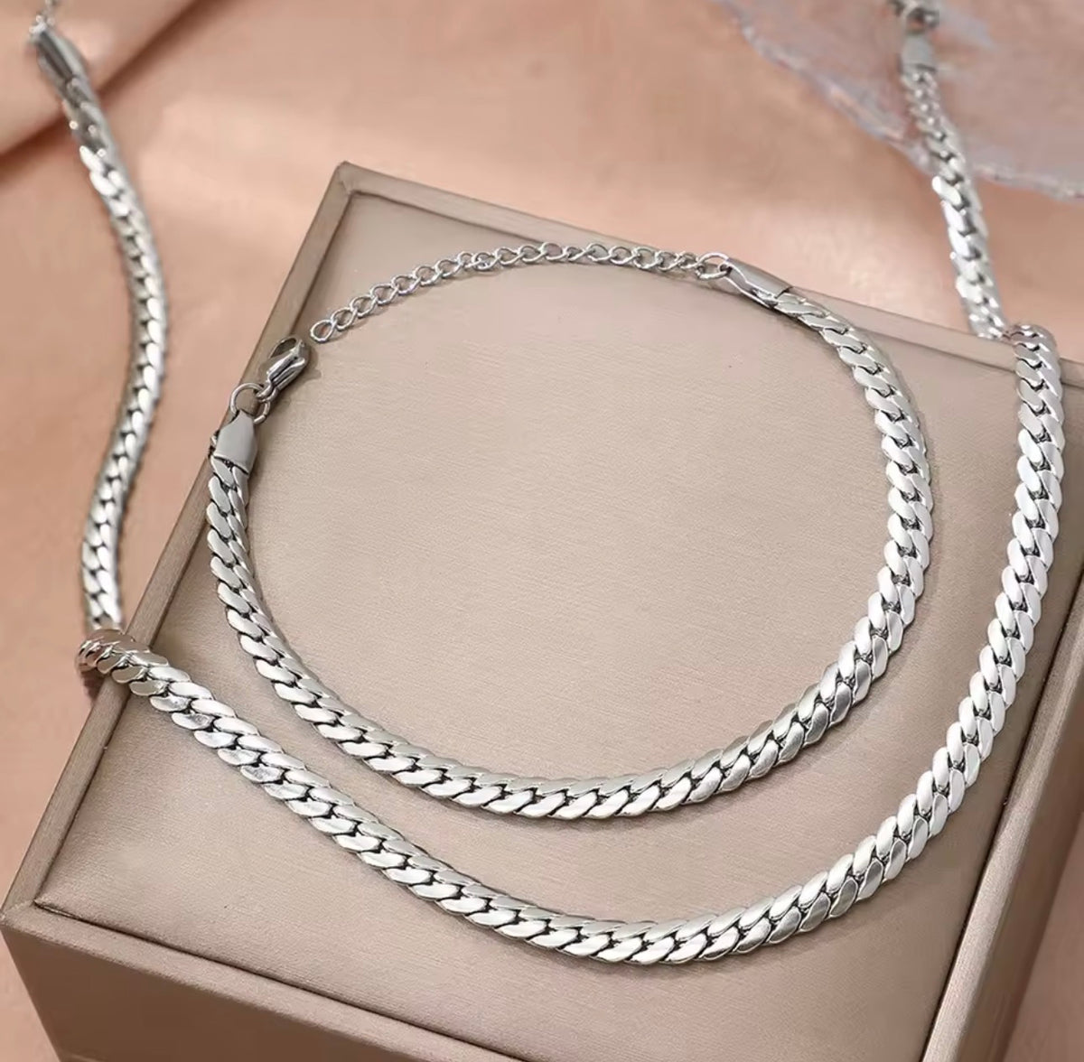 Stainless Steel Flat Cuban Link Necklace & Bracelet Set – Gold & Silver