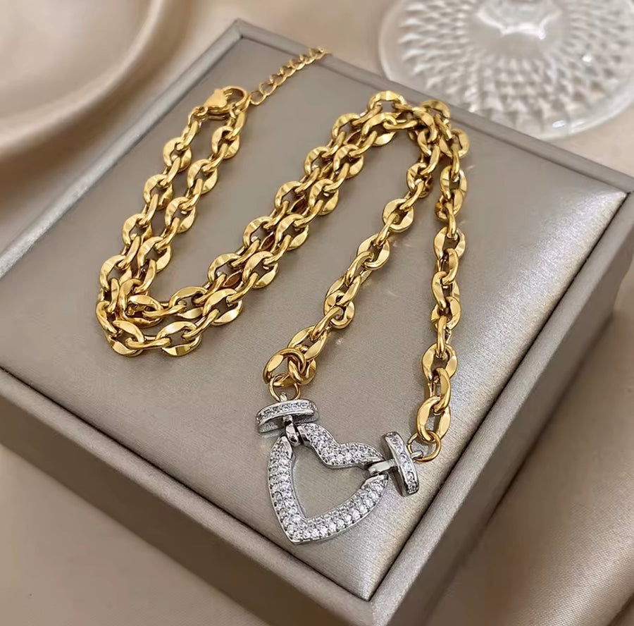 Stainless Steel Two-Tone Heart Necklace & Bracelet Set with Stones