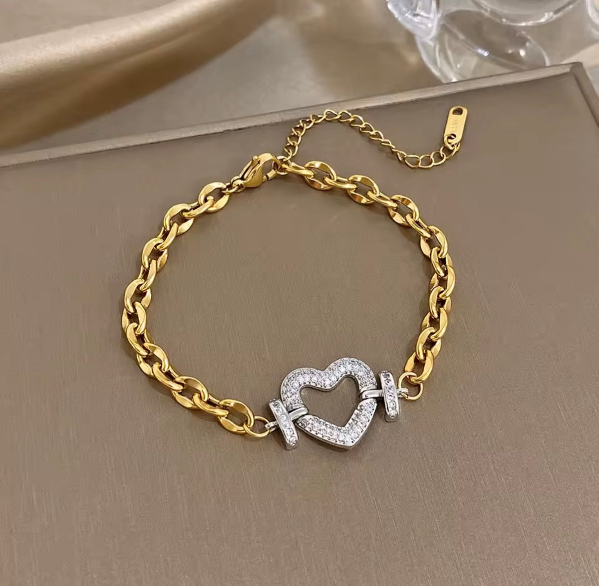 Stainless Steel Two-Tone Heart Necklace & Bracelet Set with Stones