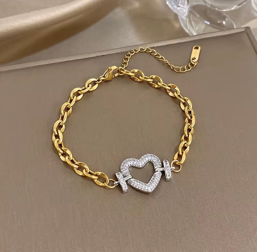 Stainless Steel Two-Tone Heart Necklace & Bracelet Set with Stones