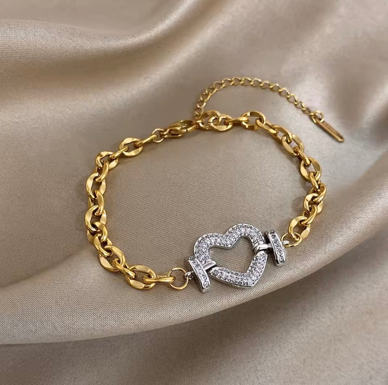 Stainless Steel Two-Tone Heart Necklace & Bracelet Set with Stones