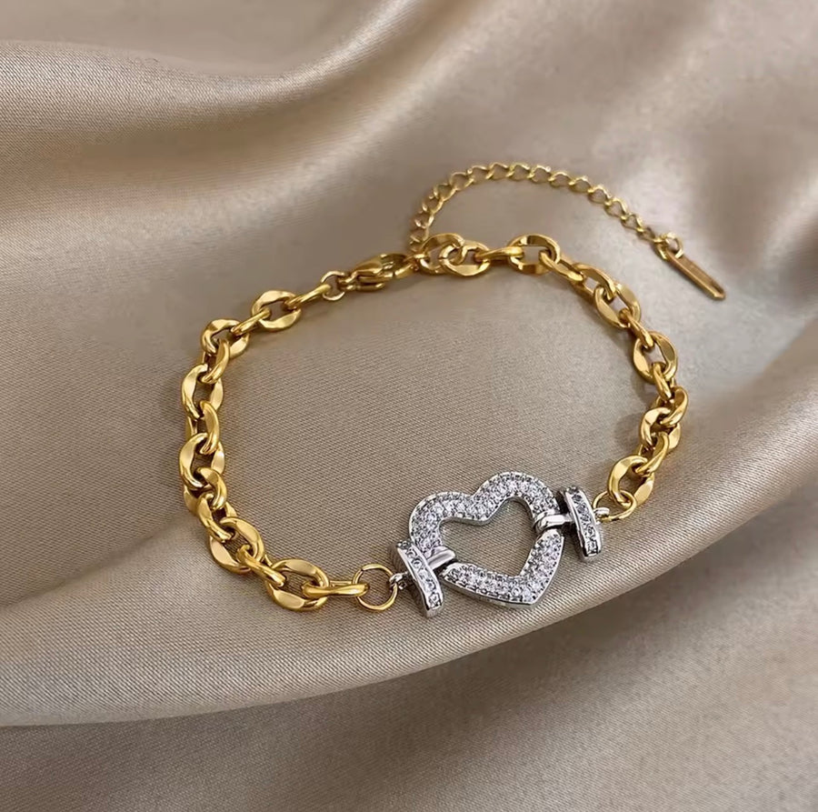 Stainless Steel Two-Tone Heart Necklace & Bracelet Set with Stones