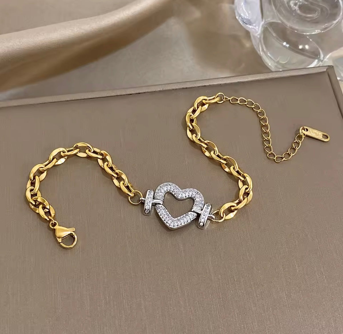 Stainless Steel Two-Tone Heart Necklace & Bracelet Set with Stones